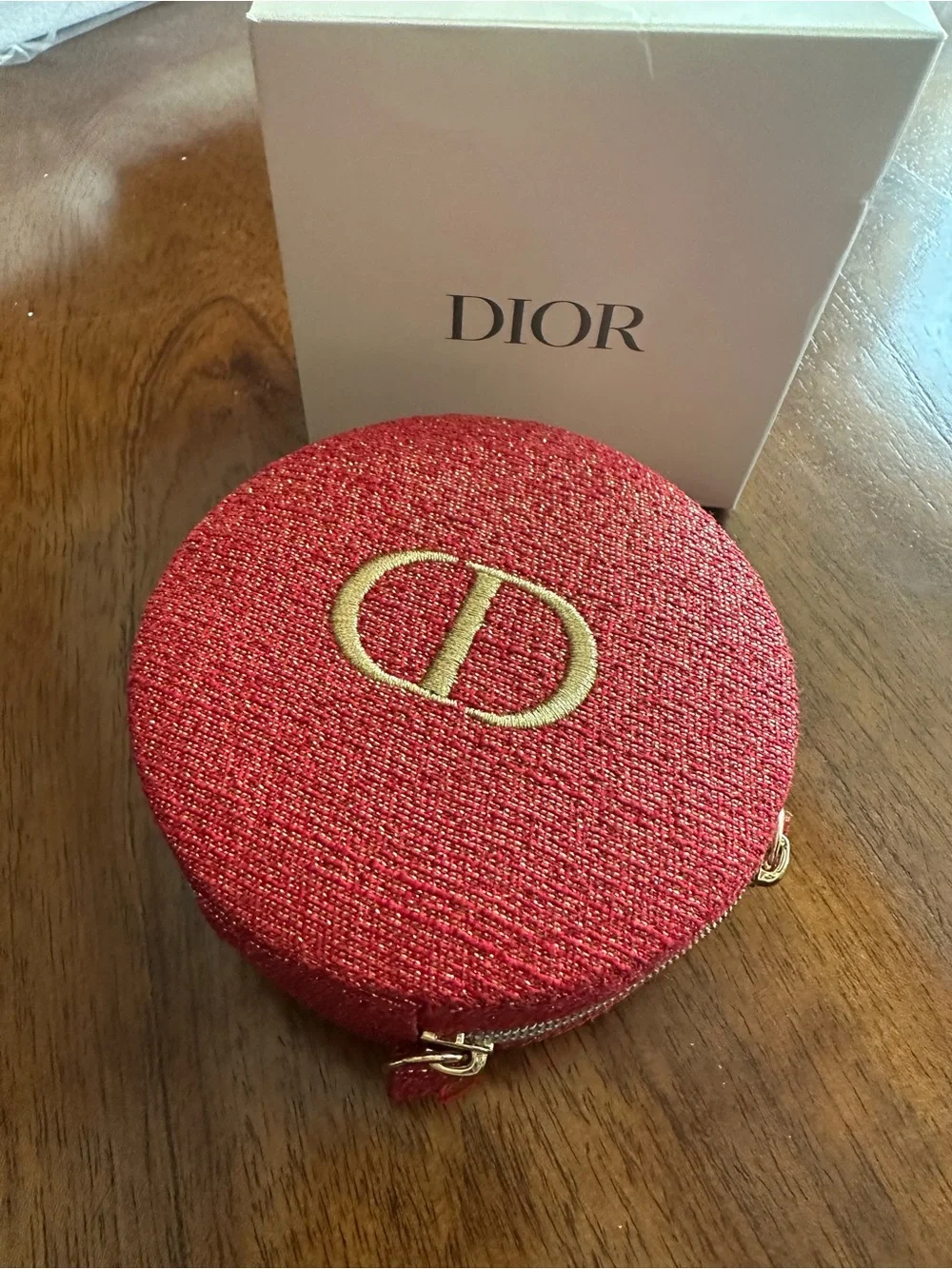 Dior Red Round Jewelry Case with Gold Logo
